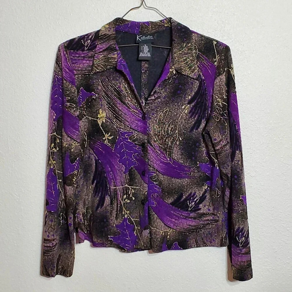 K Studio Tops - K Studio Collection Womens Long Sleeve Button Blouse Size 12 Purple Black Gold